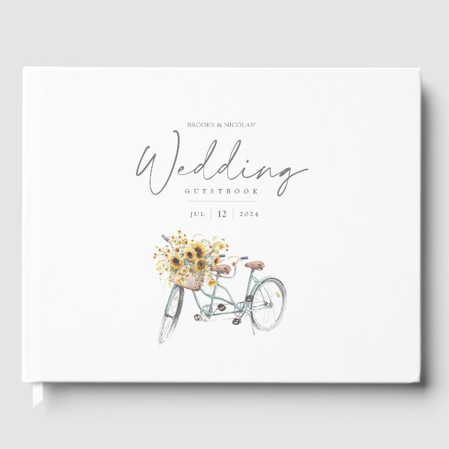 Tandem Bicycle Rustic Sunflower Watercolor Wedding Guest Book (Front)