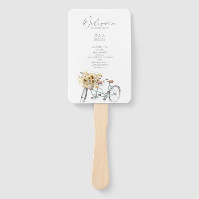 Tandem Bicycle Rustic Sunflower Watercolor Wedding Hand Fan (Front)