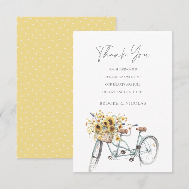 Tandem Bicycle Rustic Sunflower Watercolor Wedding Thank You Card (Front/Back)