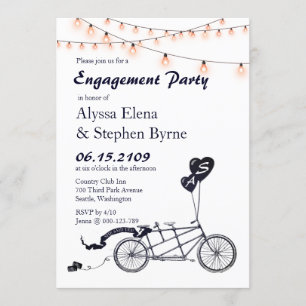Tandem Bicycle String Lights Engagement Party Invitation