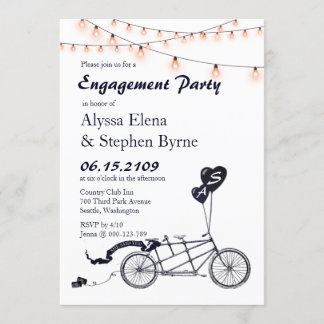 Tandem Bicycle String Lights Engagement Party Invitation