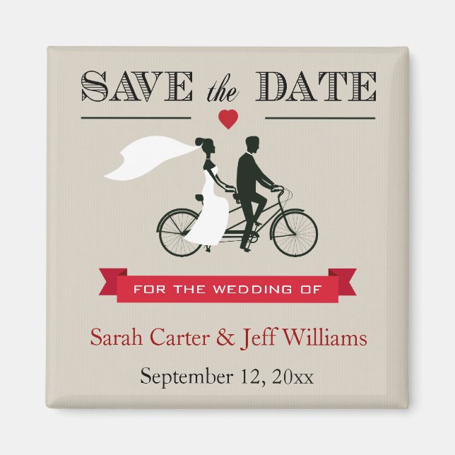 Tandem Bicycle Taupe and Red Save the Date Magnets (Front)