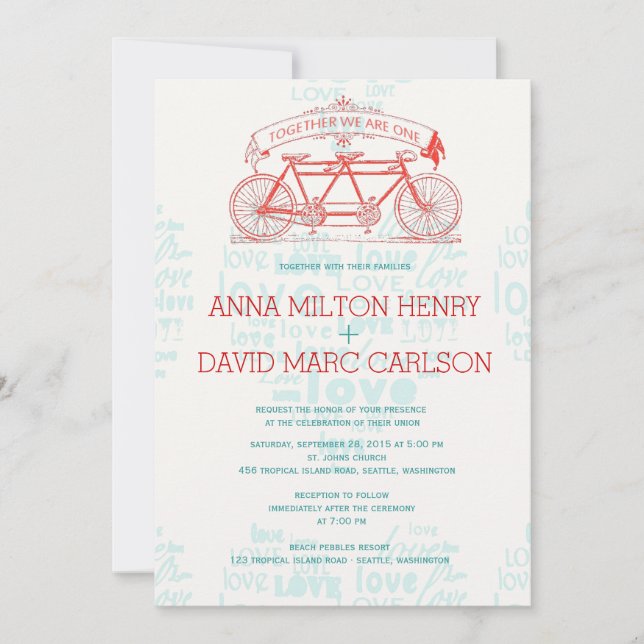 Tandem Bicycle / Together We're ONE Wedding Invitation (Front)