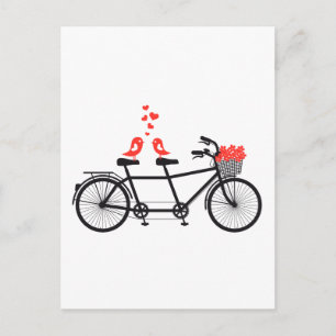 tandem bicycle with cute love birds postcard
