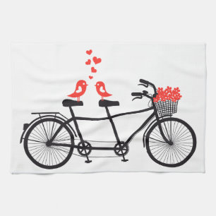 tandem bicycle with cute love birds tea towel