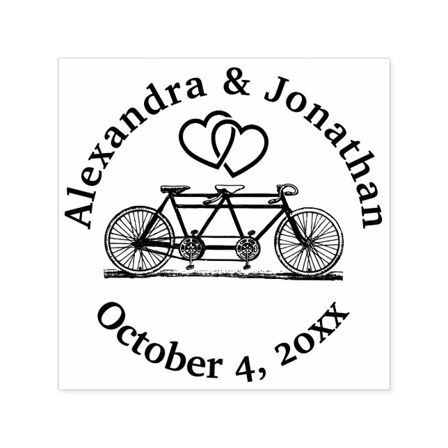 Tandem Bike Bicycle for Two & Hearts Names Date Self-inking Stamp (Design)