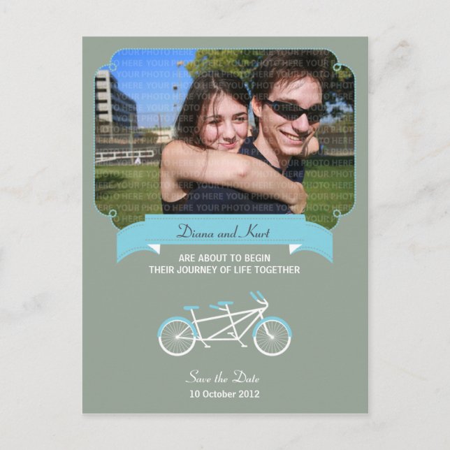 Tandem Bike (Blue / Grey) Save the Date Photo Announcement Postcard (Front)