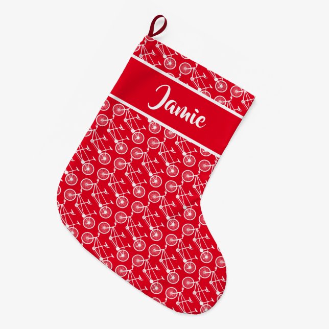 Tandem Bike Rider White Bicycles Patterned Large Christmas Stocking (Front (Hanging))