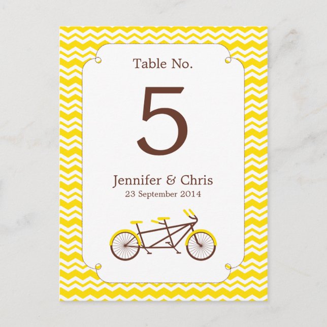 Tandem Bike (Yellow Chevron) Table Number Postcard (Front)