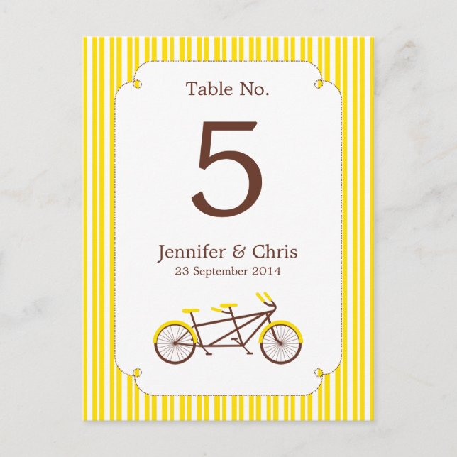 Tandem Bike (Yellow Stripes) Table Number Postcard (Front)