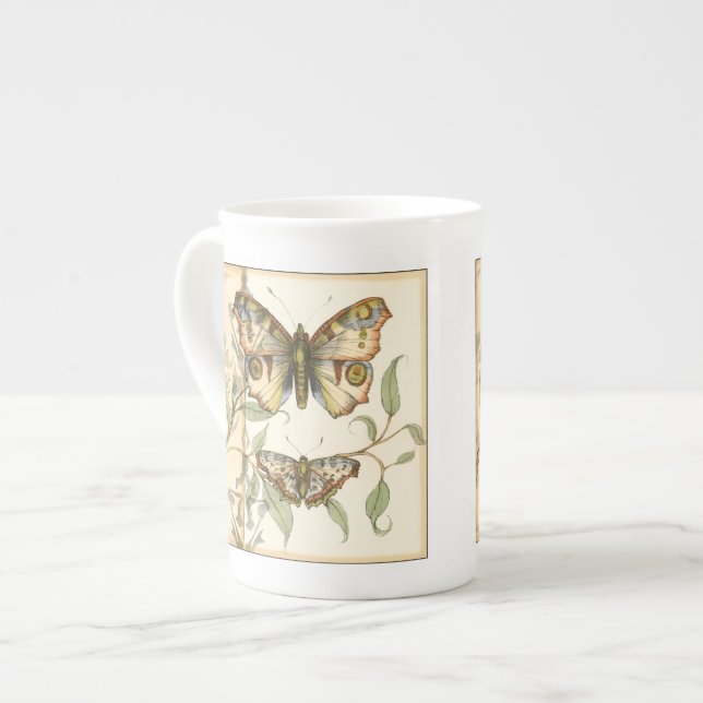 Tandem Butterflies Over Green Leaves Bone China Mug (Front Left)