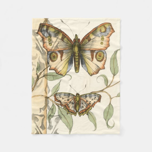 Tandem Butterflies Over Green Leaves Fleece Blanket (Front)