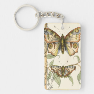Tandem Butterflies Over Green Leaves Key Ring