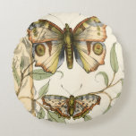 Tandem Butterflies Over Green Leaves Round Cushion<br><div class="desc">Like the Blue Angels,  these butterflies are flying in tandem. Watch them soar over green leaves,  spreading their colourful and majestic wings. If you love looking at butterflies you'll love this piece!</div>