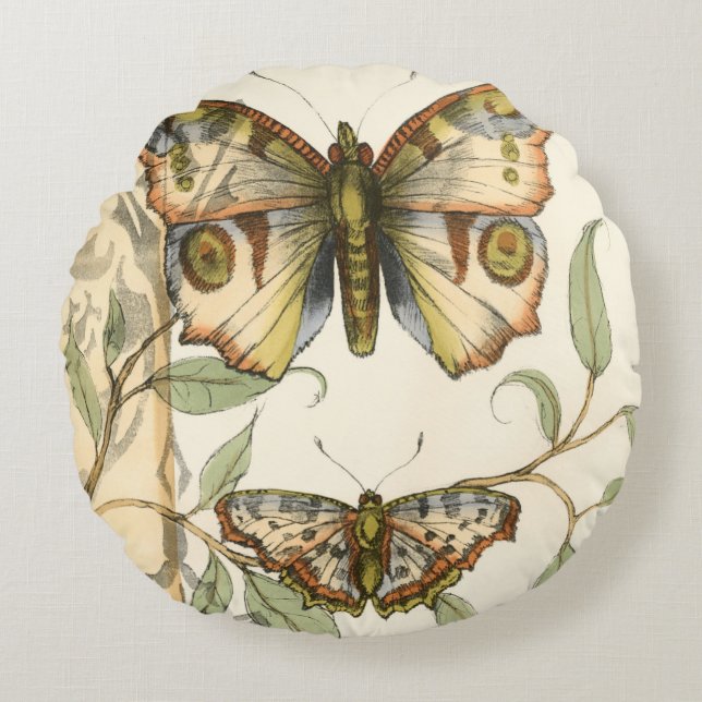 Tandem Butterflies Over Green Leaves Round Cushion (Front)