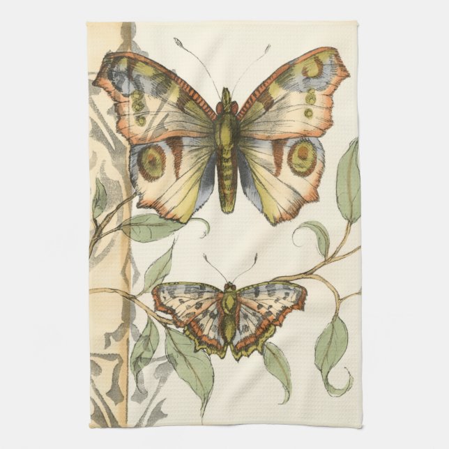 Tandem Butterflies Over Green Leaves Tea Towel (Vertical)