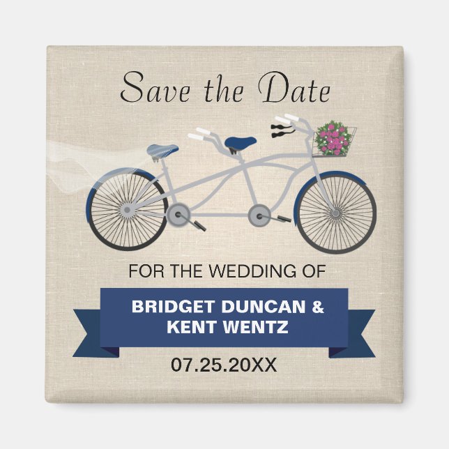 Tandem Dark Blue Bicycle Save the Date Magnet (Front)