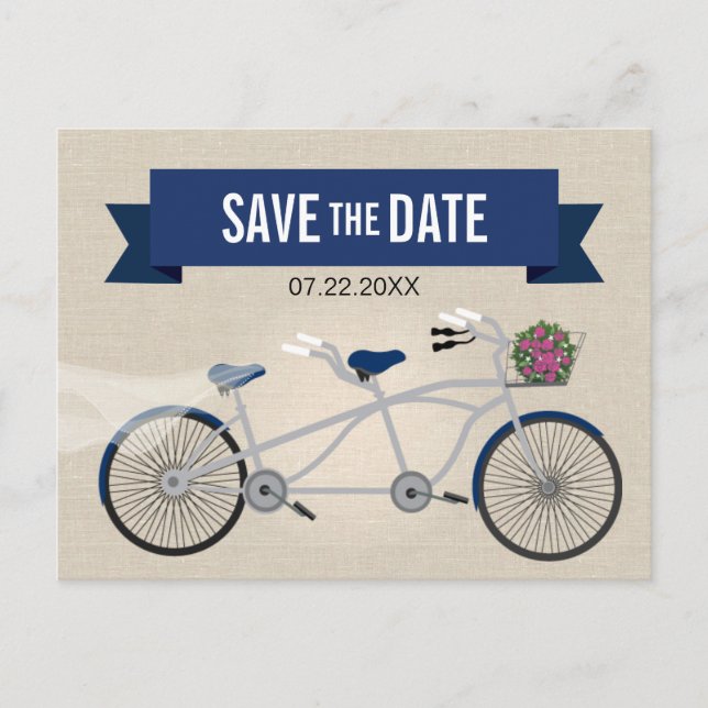 Tandem Dark Blue Bicycle Wedding Save the Date Announcement Postcard (Front)