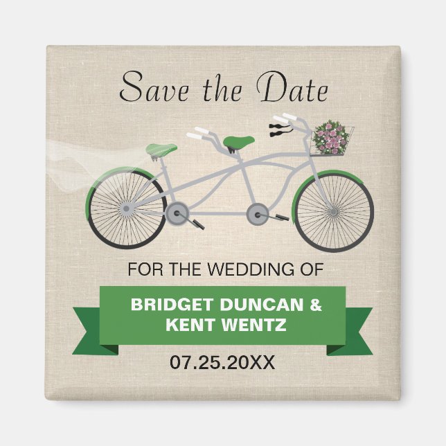 Tandem Green Bicycle Save the Date Magnet (Front)