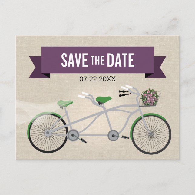Tandem Green Bicycle Wedding Save the Date 2 Announcement Postcard (Front)