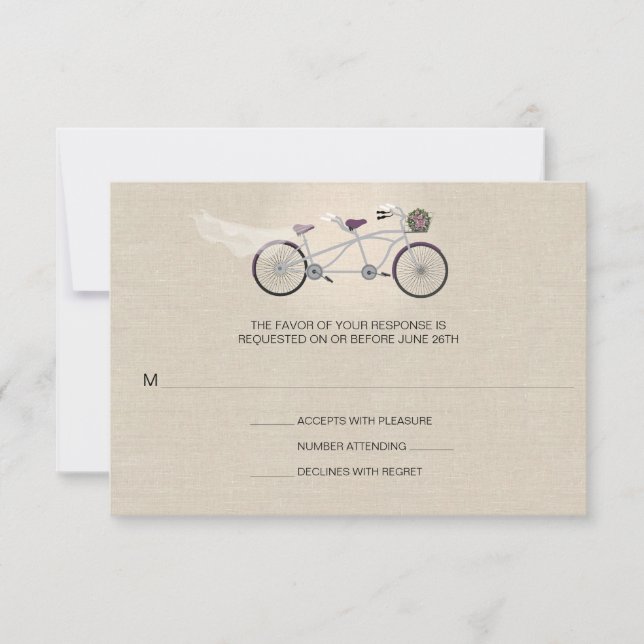 Tandem Plum Bicycle Wedding Faux Linen RSVP (Front)