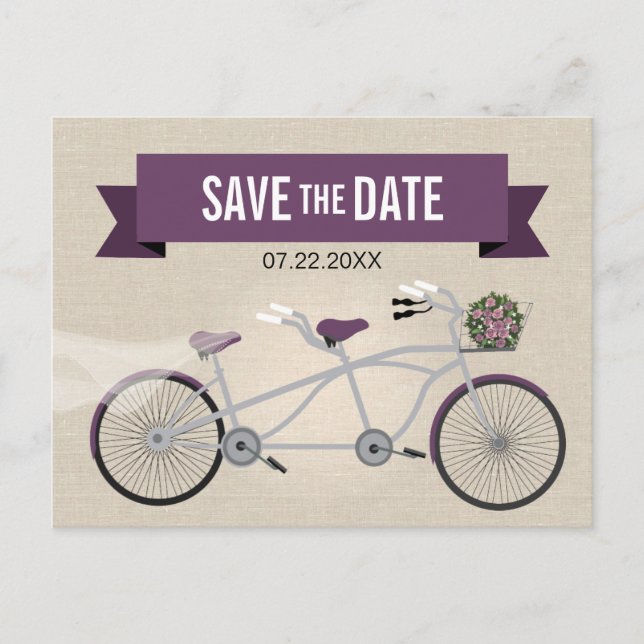 Tandem Plum Bicycle Wedding Save the Date Announcement Postcard (Front)
