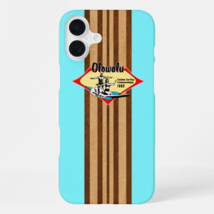 Tandem Surfing Hawaiian Faux Wood Aqua Surfboard iPhone 16 Plus Case