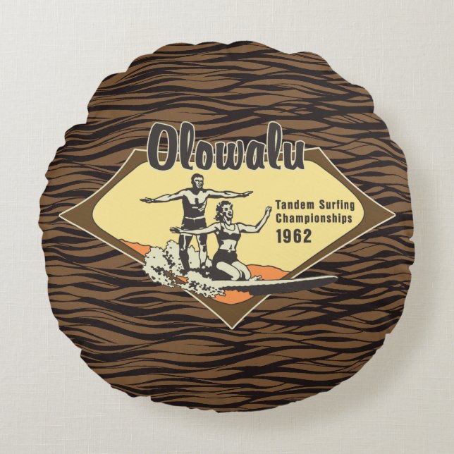 Tandem Surfing Hawaiian Vintage Surf Design Round Cushion (Front)
