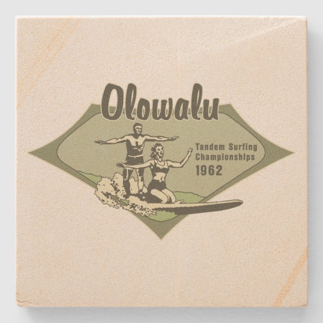 Tandem Surfing Hawaiian Vintage Surf Design Stone Coaster (Front)