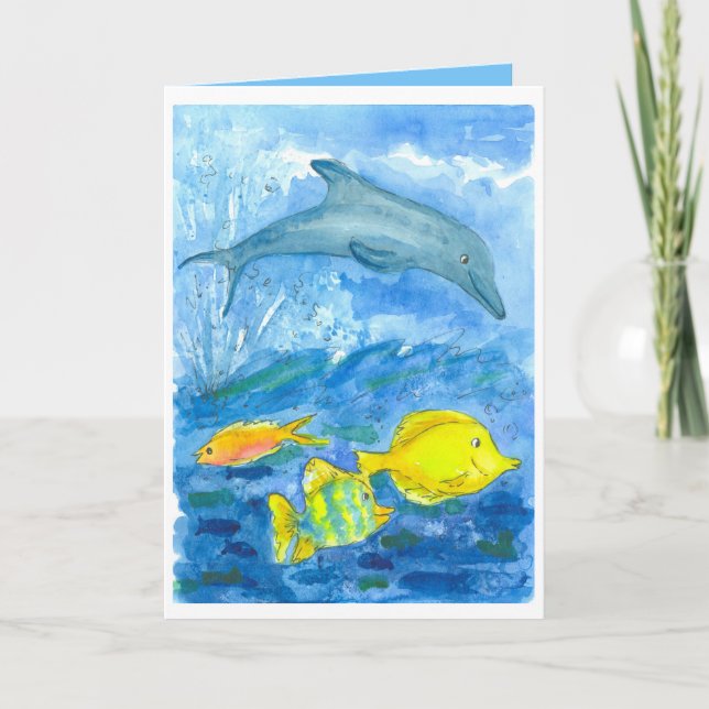 Tang Tropical Fish Dolphin Happy Birthday Card (Front)