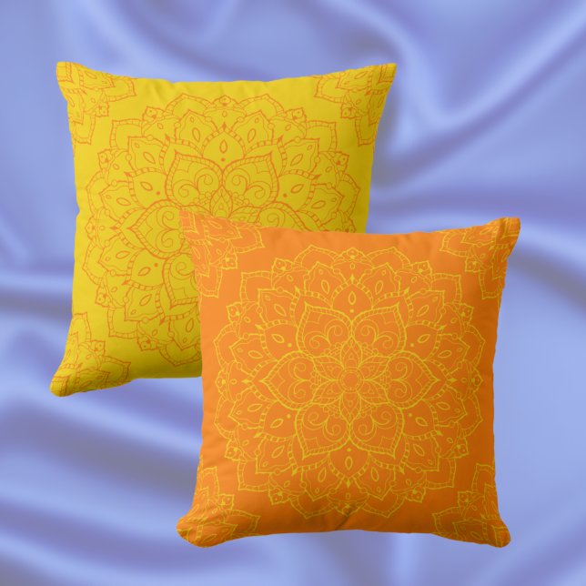 Tangelo Orange and Empire Yellow Boho Mandala Cushion (Creator Uploaded)