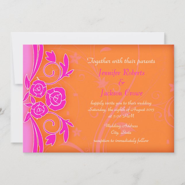 Tangerine and Flaming Rose Modern Wedding Invites (Front)