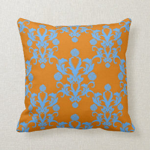 Tangerine and Sky Blue Vintage Damask Style Cushion