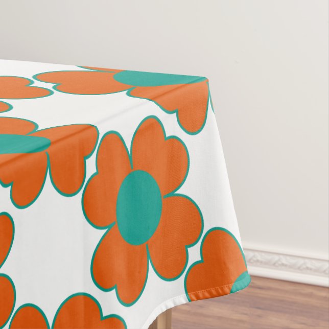 Tangerine and Turquoise Water Heart Flowers Tablecloth (In Situ)