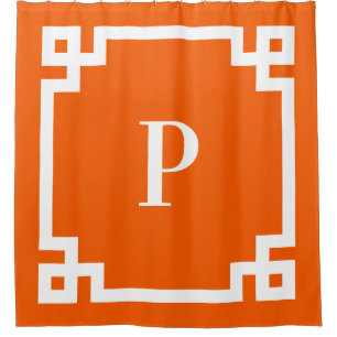 Tangerine and White Greek Key Bold Border Monogram Shower Curtain