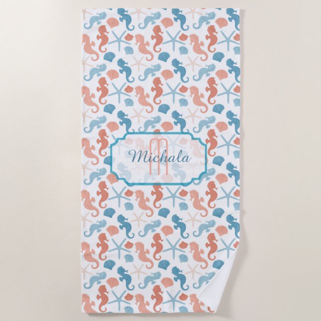 Tangerine Blue Nautical Monogram Beach Towel (Front)