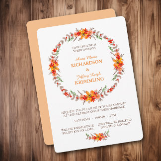 Tangerine Boho Floral Wreath Modern Wedding Invitation