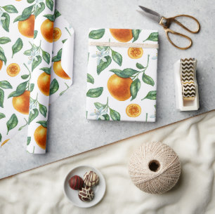 Tangerine Branches, Leaves and Flowers Wrapping Paper