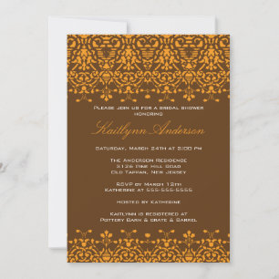 Tangerine & Brown Damask Bridal Shower Invitation