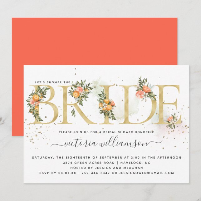 Tangerine Citrus and Gold Floral Bridal Shower Invitation (Front/Back)