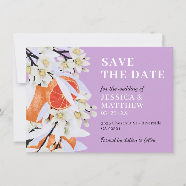 Tangerine Citrus Blooming Branches Wreath Floral Save The Date (Front)
