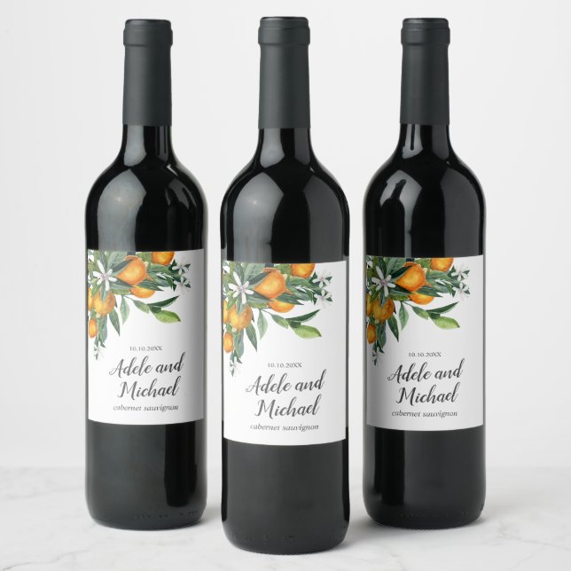 Tangerine Citrus Blossom Fruit Wedding Wine Label (Bottles)