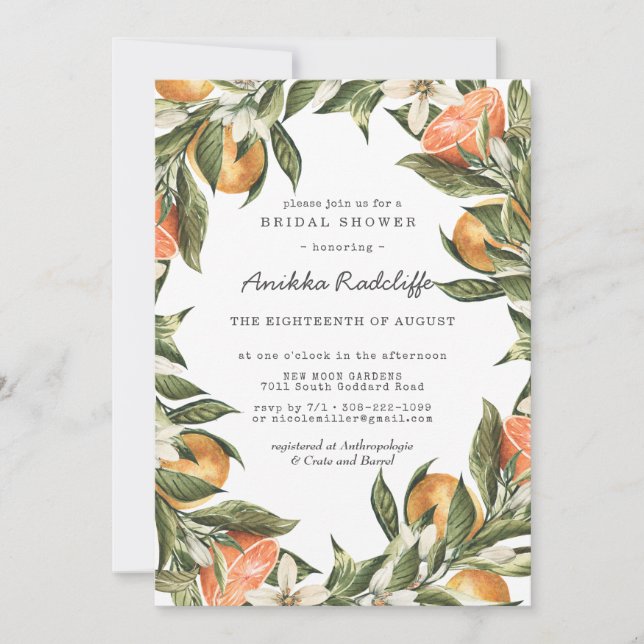 Tangerine Citrus Greenery Bridal Shower Invitation (Front)