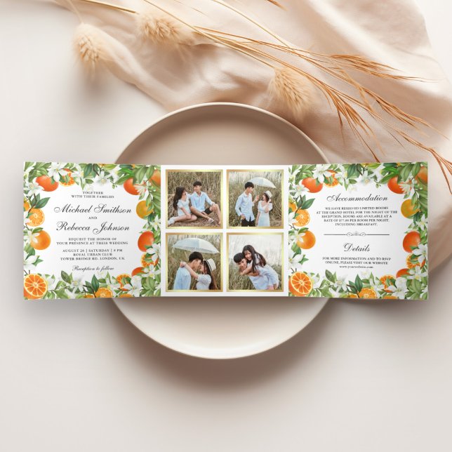 Tangerine Citrus Orange Photo Collage Wedding Tri-Fold Invitation (Creator Uploaded)