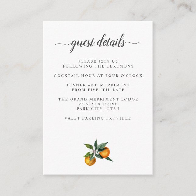 Tangerine Citrus WEDDING Details Accommodation Enclosure Card (Front)