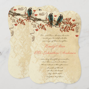 Tangerine Fall Leaves Vintage Bird Wedding Invite