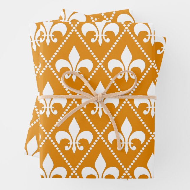 Tangerine Fleur de Lis Wrapping Paper Sheet (In situ)