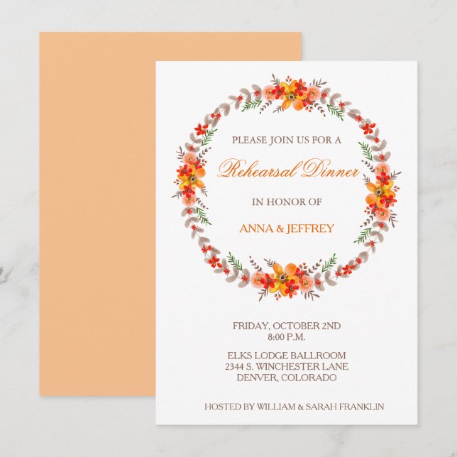 Tangerine Floral Wreath Wedding Rehearsal Dinner Invitation (Front/Back)