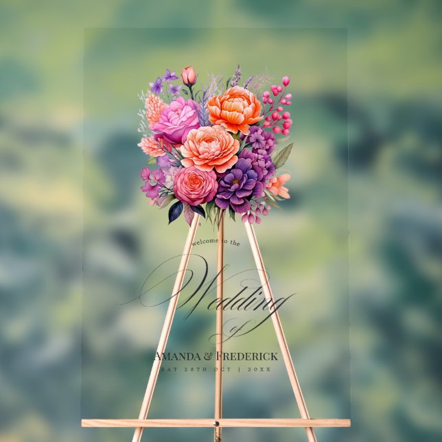 Tangerine, Hot-Pink & Royal Purple Floral Wedding Acrylic Sign (Neutral)