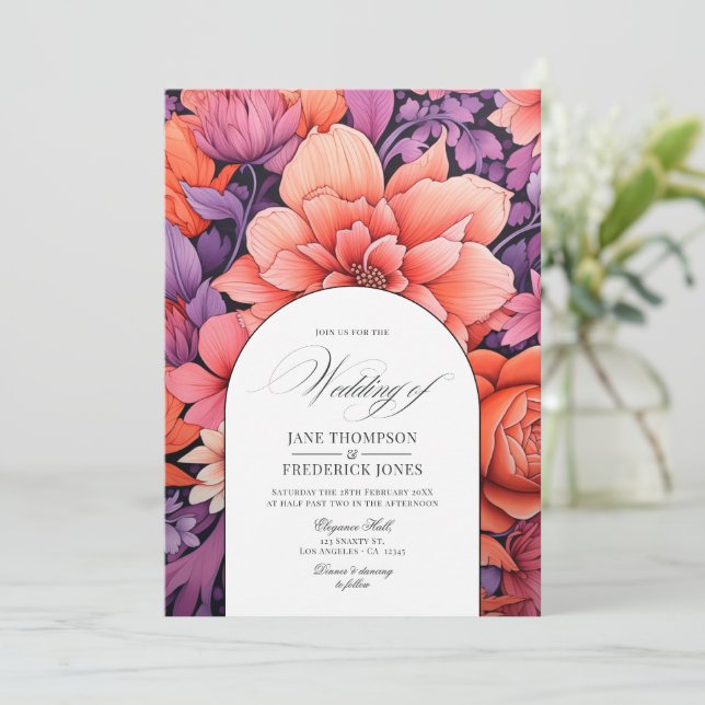 Tangerine, Hot-Pink, & Royal Purple Floral Wedding Invitation (Standing Front)